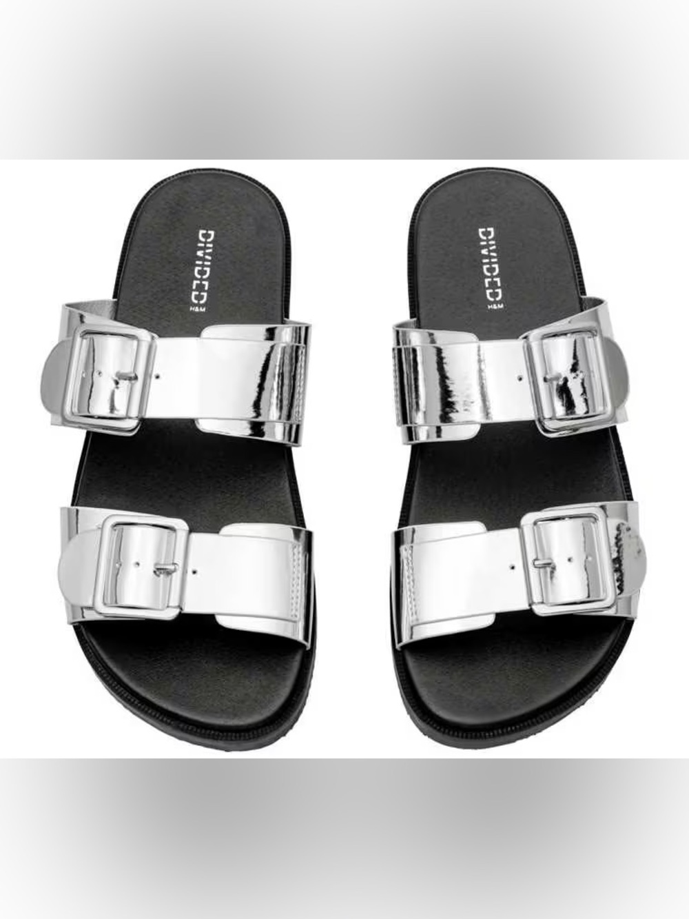 H&M Divided Women’s Silver Metallic Double-Buckle Slide Sandals